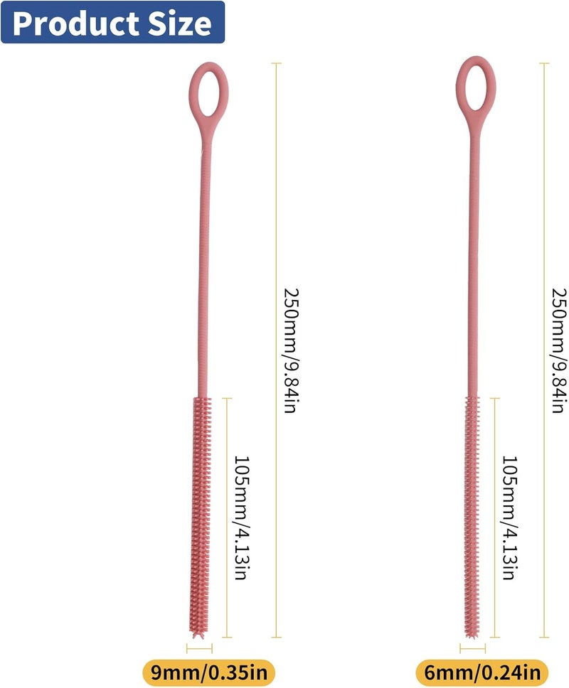 Kimryde Silicone Straw Cleaner Brush, 2Pcs Reusable Straw Brush Extra Long for Cleaning Tumbler with Handle and Glass Metal Smoothie Straws, Non-slip Handle Soft and Bendable, 6mm+9mm (Pink) - Image 2